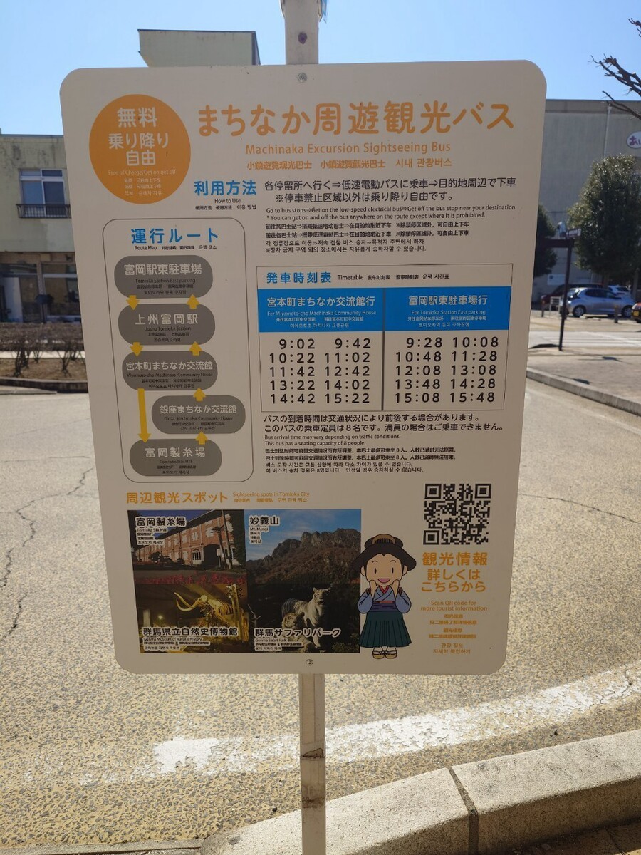 上州富岡駅前に設置してあるまちなか周遊観光バスの時刻表
