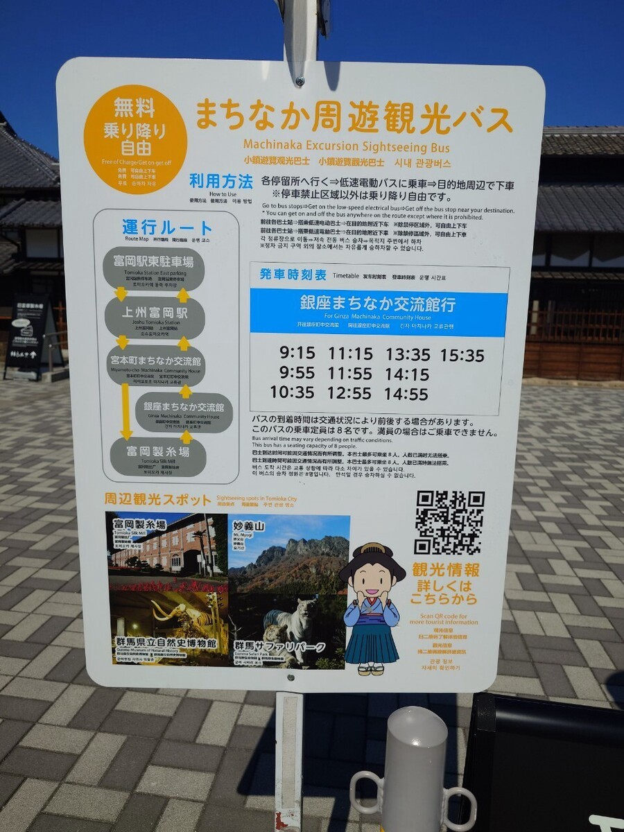旧韮塚製糸場前に設置してあるまちなか周遊観光バスの時刻表